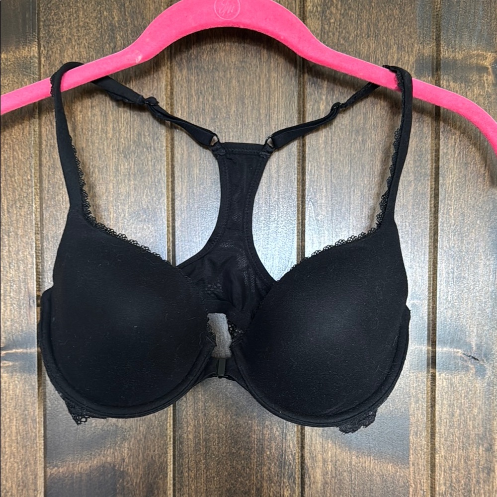 Victoria’s Secret front close racer back Elegant Black Lace Trim Bra. Size 34C